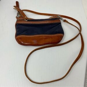 Lands End Small leather and navy blue canvas crossbody purse bag mini